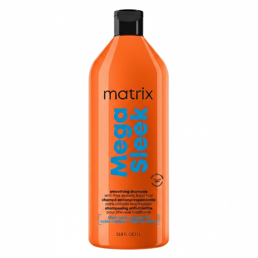 Orange shampoo bottle labeled 'Matrix Mega Sleek' on a white background