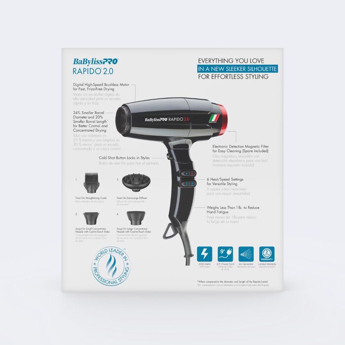 Balayliss Pro Rapido 2.0 hair dryer with features listed on a white background