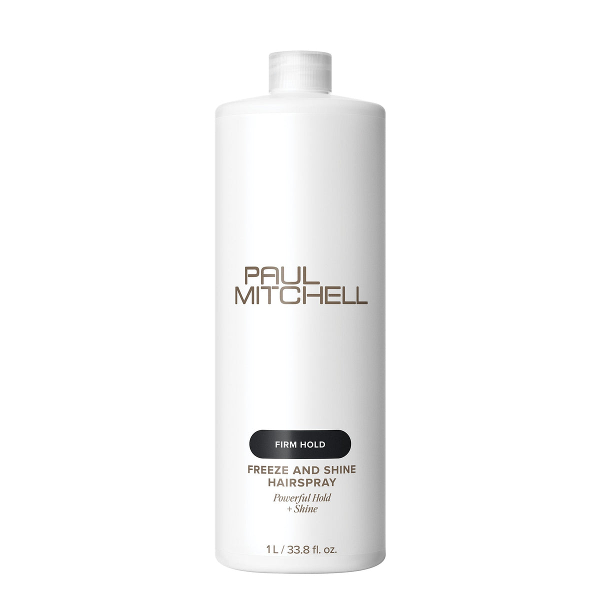 A tall white bottle of Paul Mitchell Freeze and Shine Hairspray with Firm Hold, shown on a clean white background.