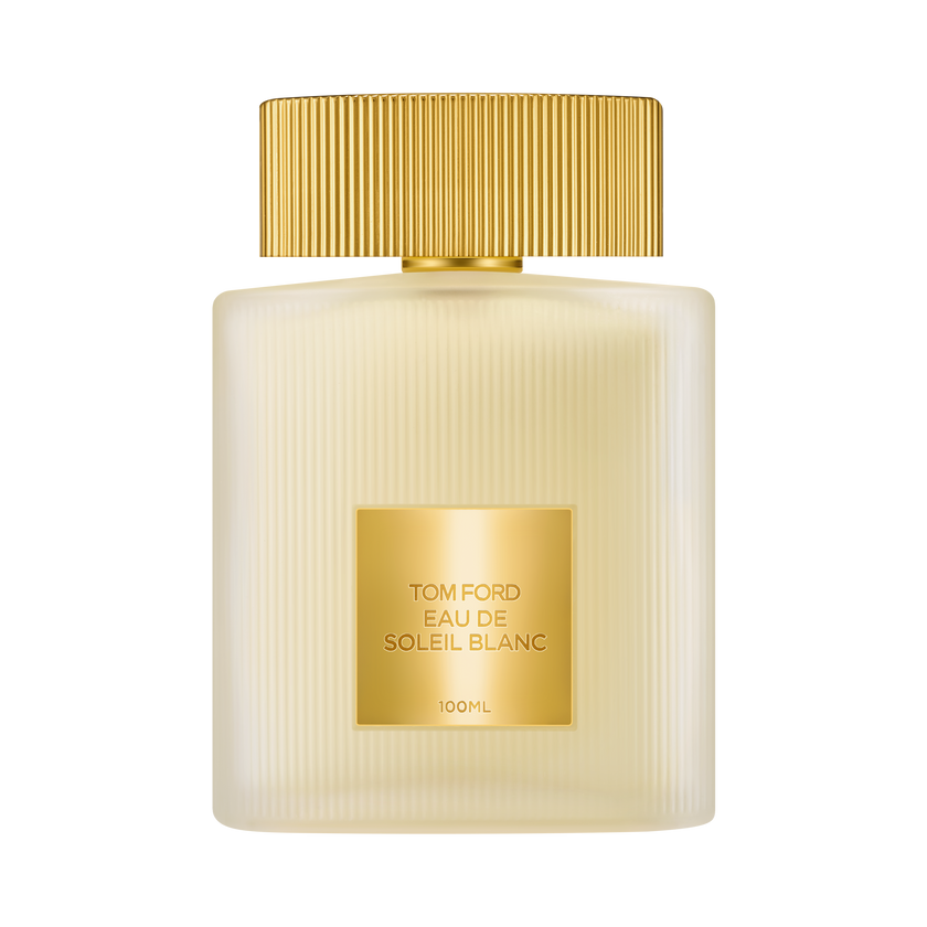 Tom Ford Eau de Soleil Blanc perfume bottle with gold cap and label on a white background