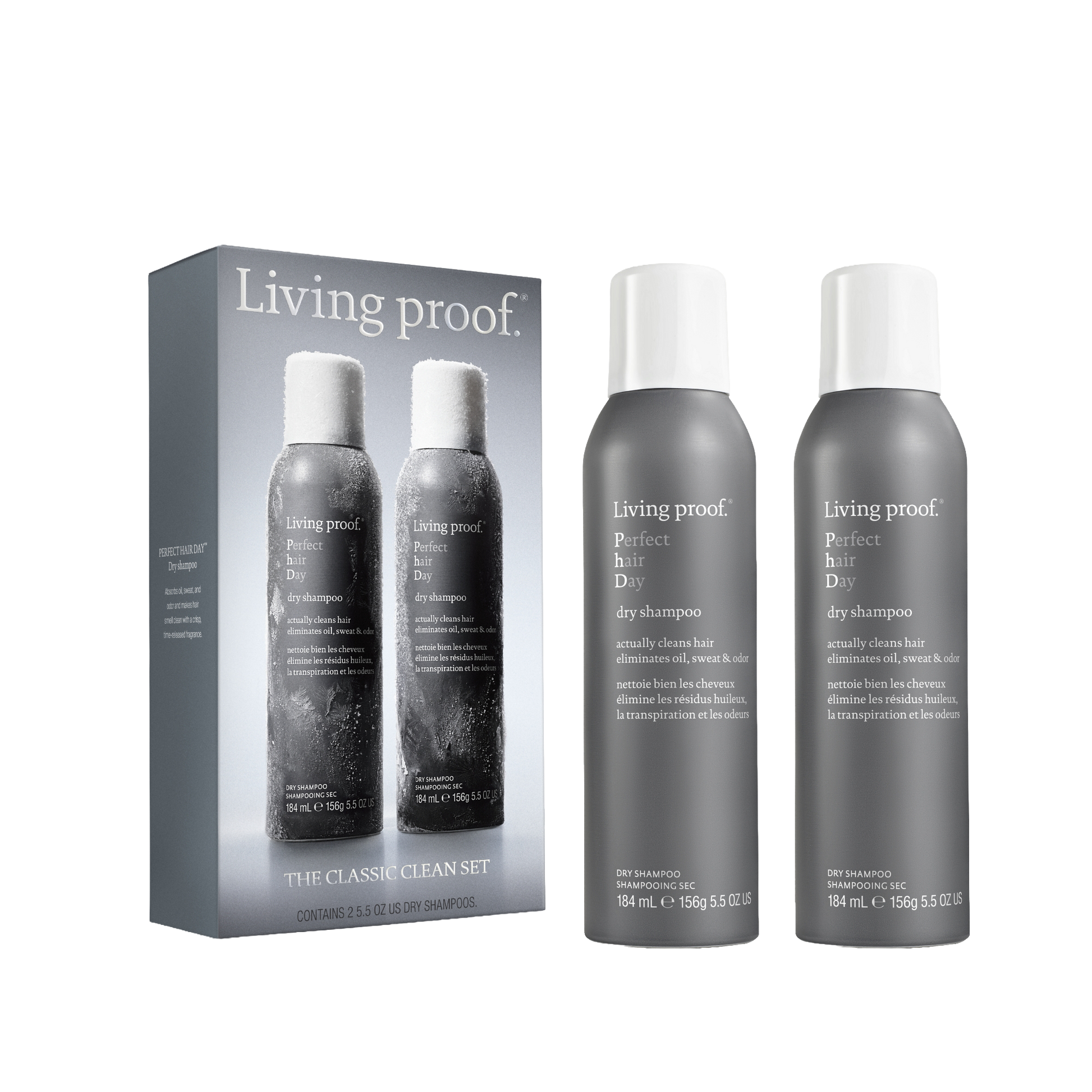 Living Proof The Classic Clean Set, featuring a gray packaging box and two gray aerosol cans with white caps, shown on a plain white background.