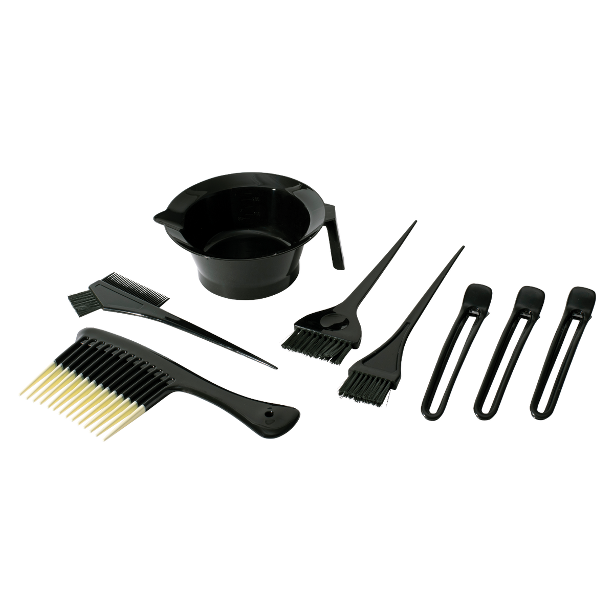A 9-piece black hair dye application set including a mixing bowl, a wide-tooth comb, a brush, and four application tools, arranged on a plain white background.