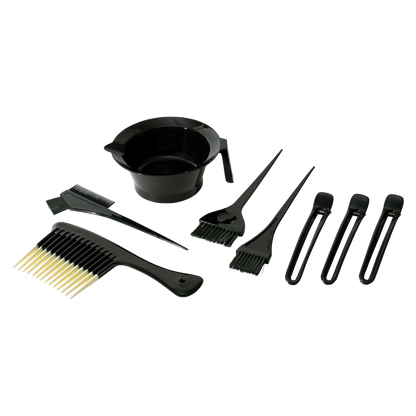 A 9-piece black hair dye application set including a mixing bowl, a wide-tooth comb, a brush, and four application tools, arranged on a plain white background.