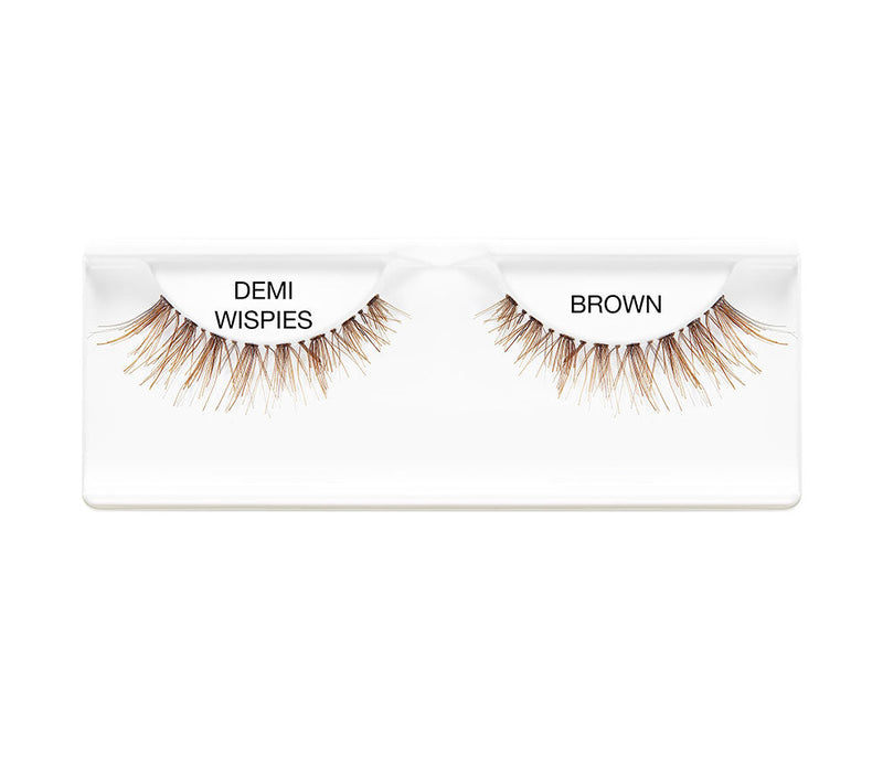 Pair of brown demi wispies false eyelashes in a white packaging box on a white background