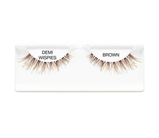 Pair of brown demi wispies false eyelashes in a white packaging box on a white background