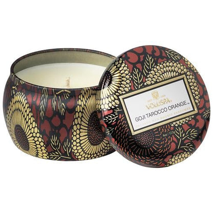 Voluspa Vermeil Mini Decorative Tin Candle 4 ozCandlesVOLUSPAFragrance: Aurantia & Blackberry, Blond Tabac, Bourbon Vanille, Branche Vermeil, Casa Pacifica, Makassar Ebony & Peach, Perse Bloom, Sparkling Rose, Crisp Champagne, Spiced Goji Torocco Orange,