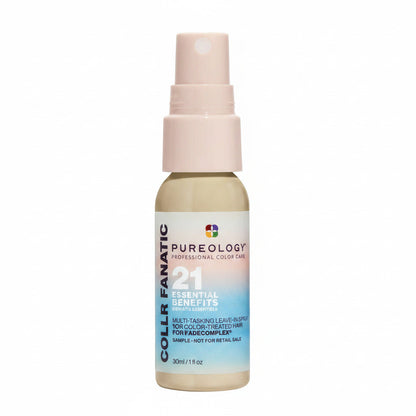 Pureology Color Fanatic 21 Essential Benefits Multi-tasking Leave-In Hair Moisture spray bottle with a beige cap and a white-to-blue gradient label.