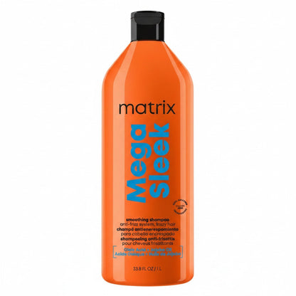 Orange shampoo bottle labeled 'Matrix Mega Sleek' on a white background