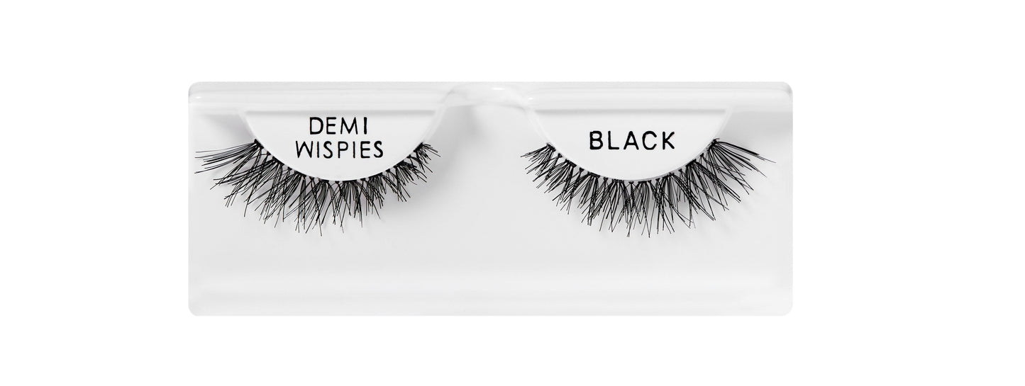 Black false eyelashes in a white box with 'Demi Wispies' and 'Black' text.