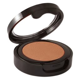 An open round makeup compact with a black casing and a warm tan-brown pressed powder pan, shown on a plain white background.