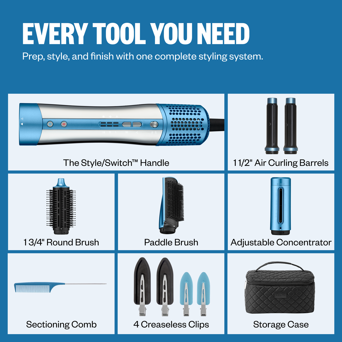 Collection of hair styling tools with labels on a blue background