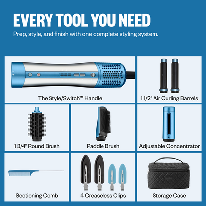 Collection of hair styling tools with labels on a blue background