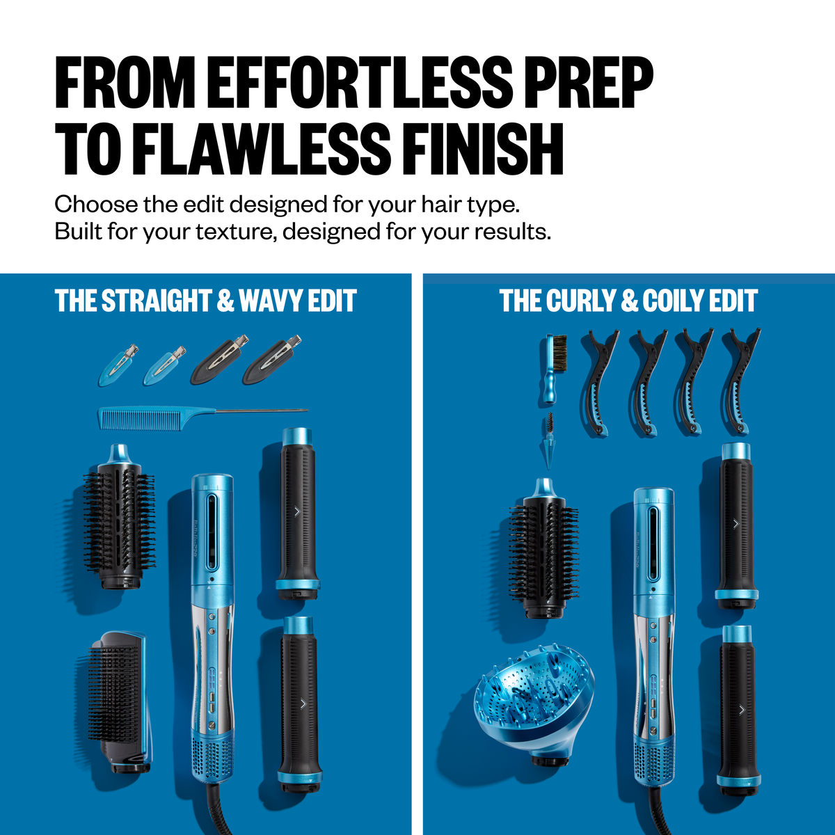 Hair styling tools for straight, wavy, curly, and coily hair on a blue background.