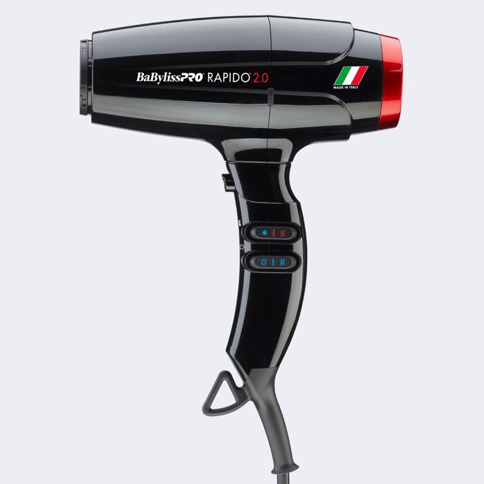 Black BaBylissPRO Rapido 2.0 hair dryer on a white background