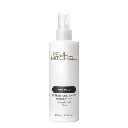 Bottle of Paul Mitchell Freeze and Shine Hairspray on a white background