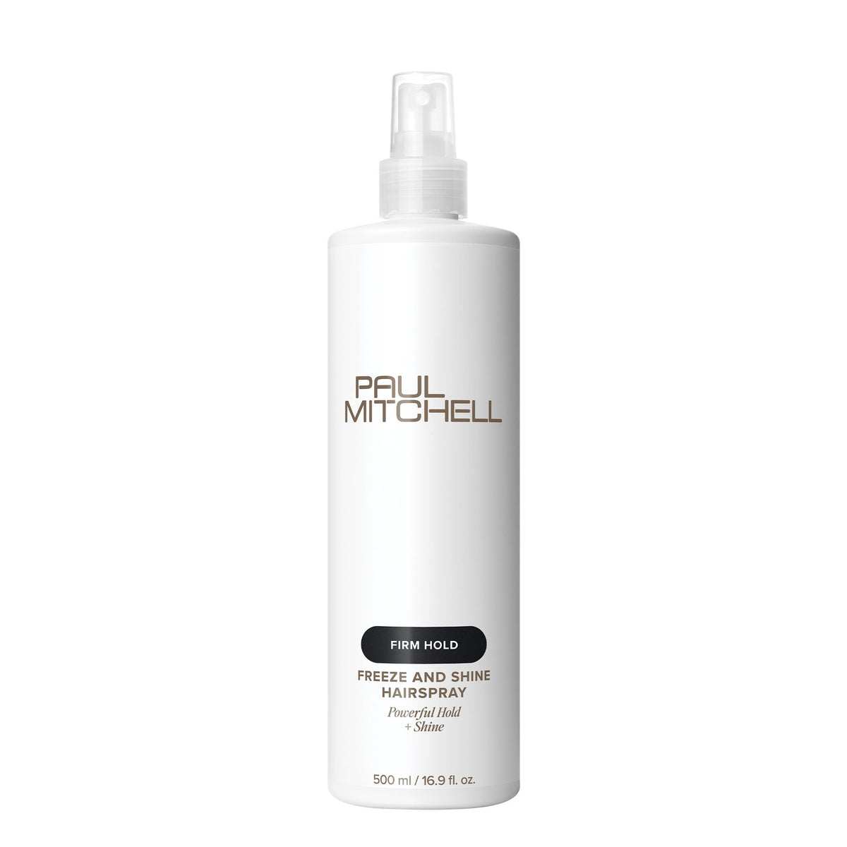 A 500 ml white bottle of Paul Mitchell Freeze and Shine Hairspray with a clear spray top, featuring brown and black text on a clean white background.