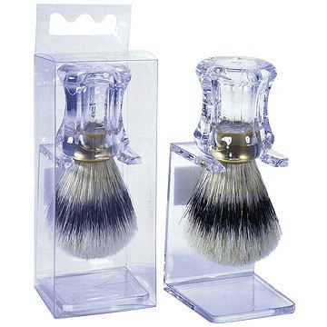 HARRY KOENIG SHAVING BRUSH CLEAR HANDLE ON MATCHING STANDHARRY KOENIG