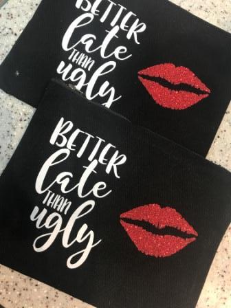 I BEAUTY Better Late Than Ugly Makeup Bag- Black Bag White Text Red Glitter Lip 10.5 in x 8 inWomen's FragranceI BEAUTY