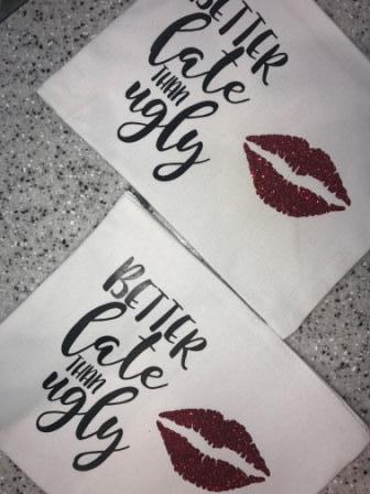 I BEAUTY Better Late Than Ugly Makeup Bag- White Bag Black Text Red Glitter Lip 10.5 in x 8 inWomen's FragranceI BEAUTY