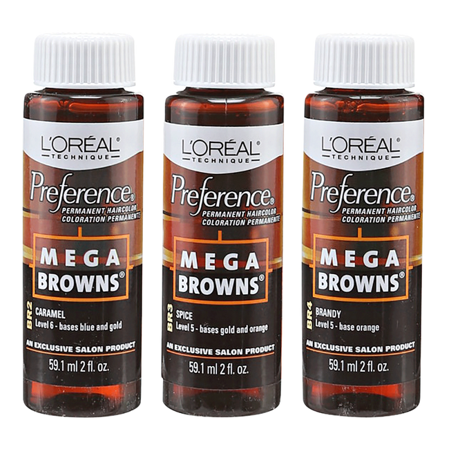 Loreal Professional Preference Mega Browns Hair ColorHair ColorLOREALShade: BR1 Cinnamon, BR2 Caramel, BR3 Spice, BR4 Brandy, BR5 Mocha, BR6 Truffle, BR7 Chocolate, BR8 Coffee