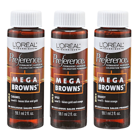 Loreal Professional Preference Mega Browns Hair ColorHair ColorLOREALShade: BR1 Cinnamon, BR2 Caramel, BR3 Spice, BR4 Brandy, BR5 Mocha, BR6 Truffle, BR7 Chocolate, BR8 Coffee