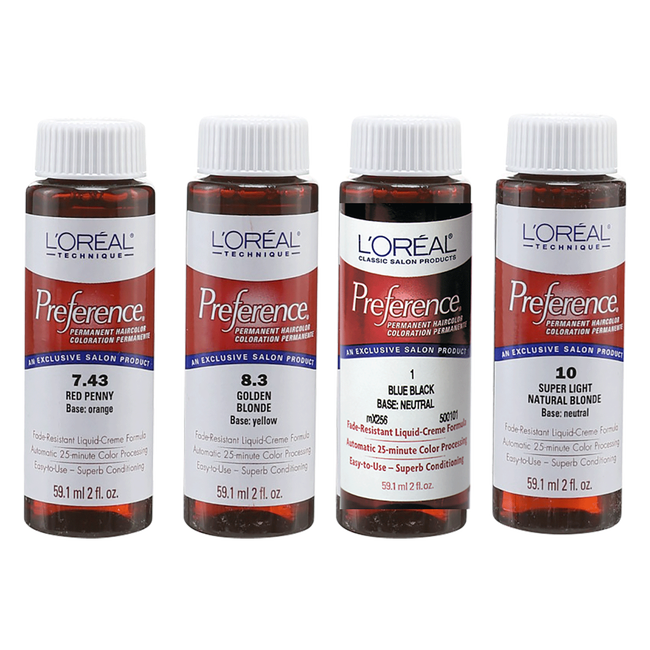 Loreal Professional Preference Hair ColorHair ColorLOREALShade: 1 Blue Black, 10 Super Light Natural Blonde, 2.1 Onyx Sheen Blue Black, 3 Black, 4 Dark Brown, 4.1 Dark Ash Brown, 4.4 Dark Auburn, 5 Medium Brown, 5.1 Medium Ash Brown, 5.26 Lush Cherry, 5.3