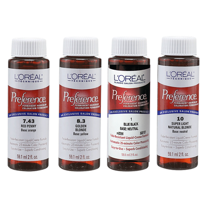 Loreal Professional Preference Hair ColorHair ColorLOREALShade: 1 Blue Black, 10 Super Light Natural Blonde, 2.1 Onyx Sheen Blue Black, 3 Black, 4 Dark Brown, 4.1 Dark Ash Brown, 4.4 Dark Auburn, 5 Medium Brown, 5.1 Medium Ash Brown, 5.26 Lush Cherry, 5.3