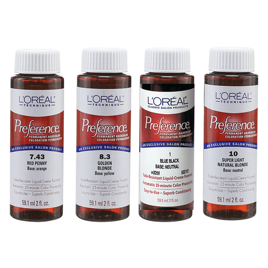 Loreal Professional Preference Hair ColorHair ColorLOREALShade: 1 Blue Black, 10 Super Light Natural Blonde, 2.1 Onyx Sheen Blue Black, 3 Black, 4 Dark Brown, 4.1 Dark Ash Brown, 4.4 Dark Auburn, 5 Medium Brown, 5.1 Medium Ash Brown, 5.26 Lush Cherry, 5.3