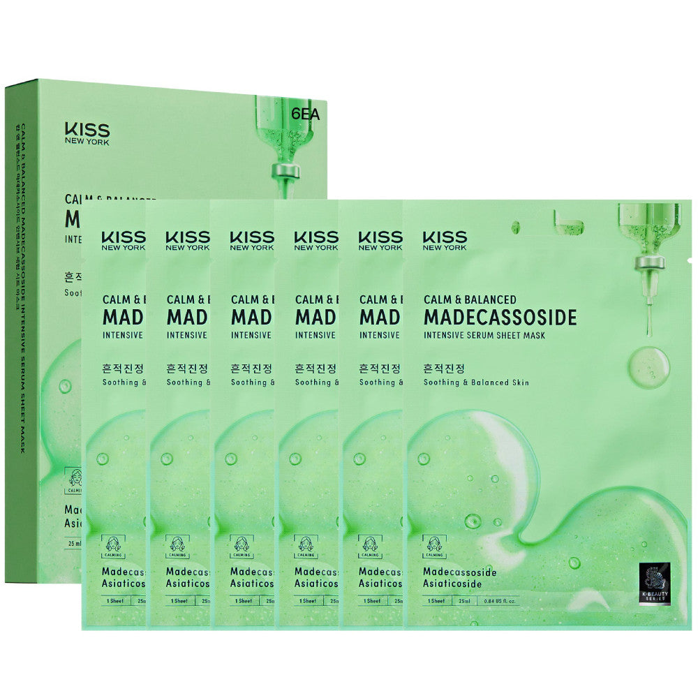 Kiss k-Beauty Series Calm  Balanced Madecassoside Intensive Serum Sheet Mask(6 Sheets)- Soothing and Barrier Repair Cica Face Mask