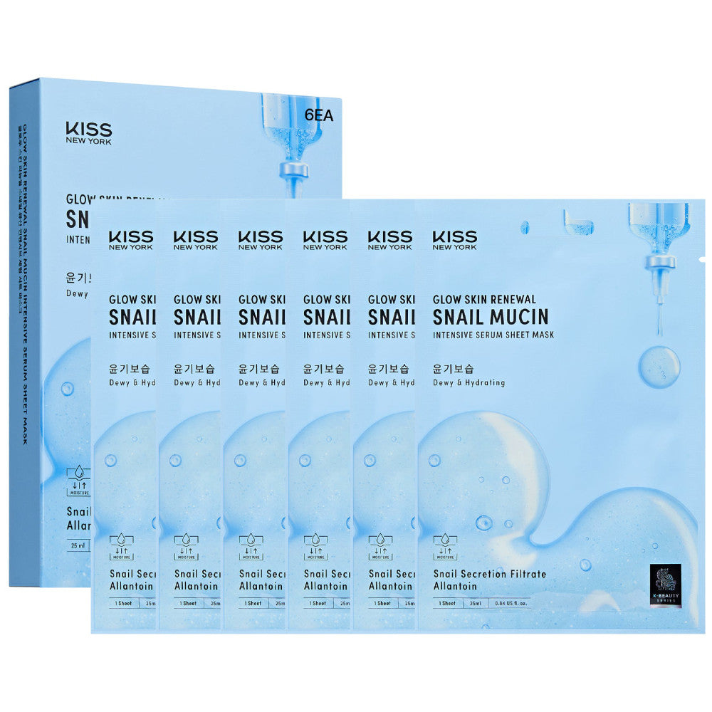 Kiss K-Beauty Series Glow Skin Renewal Snail Mucin Intensive Serum Sheet Mask(6 Sheets)- Hydrating and Firming Korean Face Mask with Allantoin
