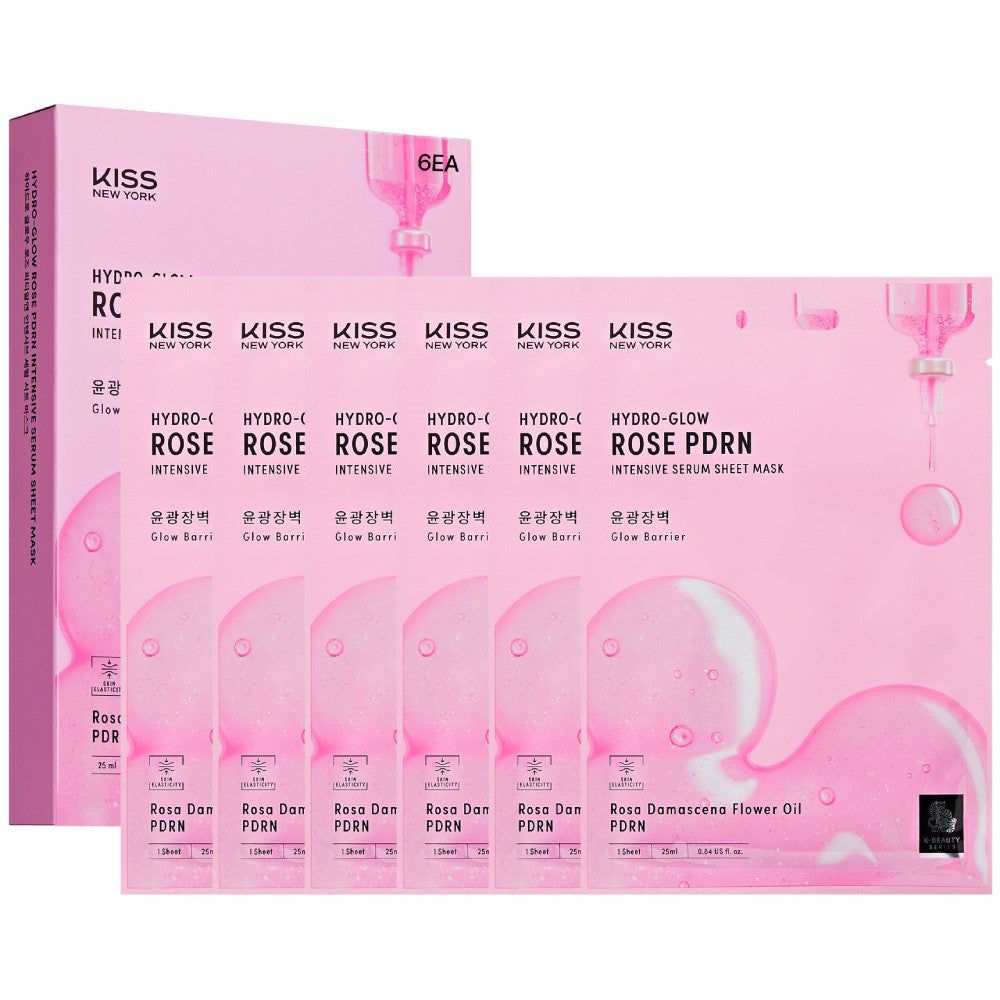 Kiss K-Beauty Series Hydro-Glow Rose PDRN Intensive Serum Sheet Mask(6 Sheets)- Radiance and Elasticity Face Mask with Rosa Damascena Flower Oil