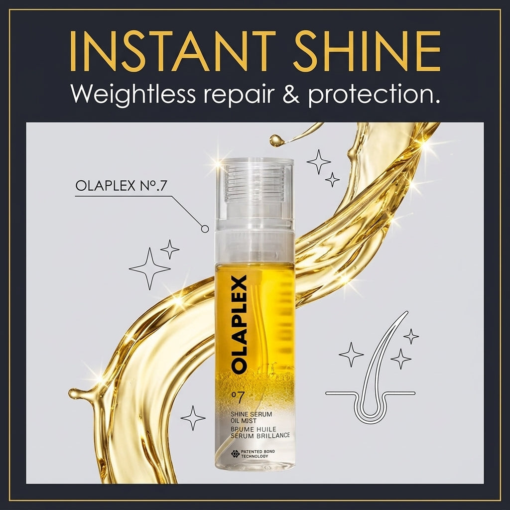 Olaplex No.7 Instant Shine Cane Serum Oil Mist bottle shown against a light gray background with gold liquid splash graphics and a dark navy header reading 'INSTANT SHINE' and 'Weightless repair & protection.