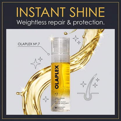 Olaplex No.7 Instant Shine Cane Serum Oil Mist bottle shown against a light gray background with gold liquid splash graphics and a dark navy header reading 'INSTANT SHINE' and 'Weightless repair & protection.