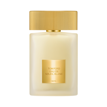 Tom Ford Eau de Soleil Blanc perfume bottle with gold cap and label on a white background