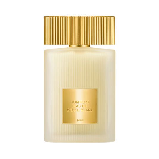 Tom Ford Eau de Soleil Blanc perfume bottle with gold cap and label on a white background