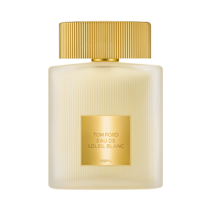 Tom Ford Eau de Soleil Blanc perfume bottle with gold cap and label on a white background